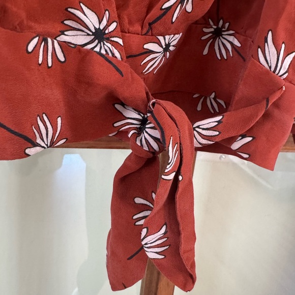 Madewell Silk Tie Front Wrap Blouse Top Medium Rust Orange Floral 3/4 Sleeve - Picture 3 of 7